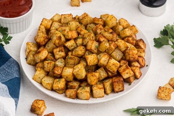 Crispy Air Fryer Breakfast Potatoes Recipe 2 Golden cubed potatoes cooked and served on a white plate with parsley and ketchup.