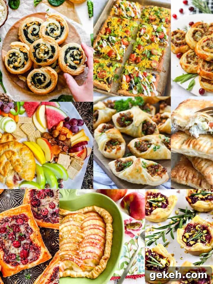 A number of puff pastry appetizers, dinner ideas, and desserts in a collection.