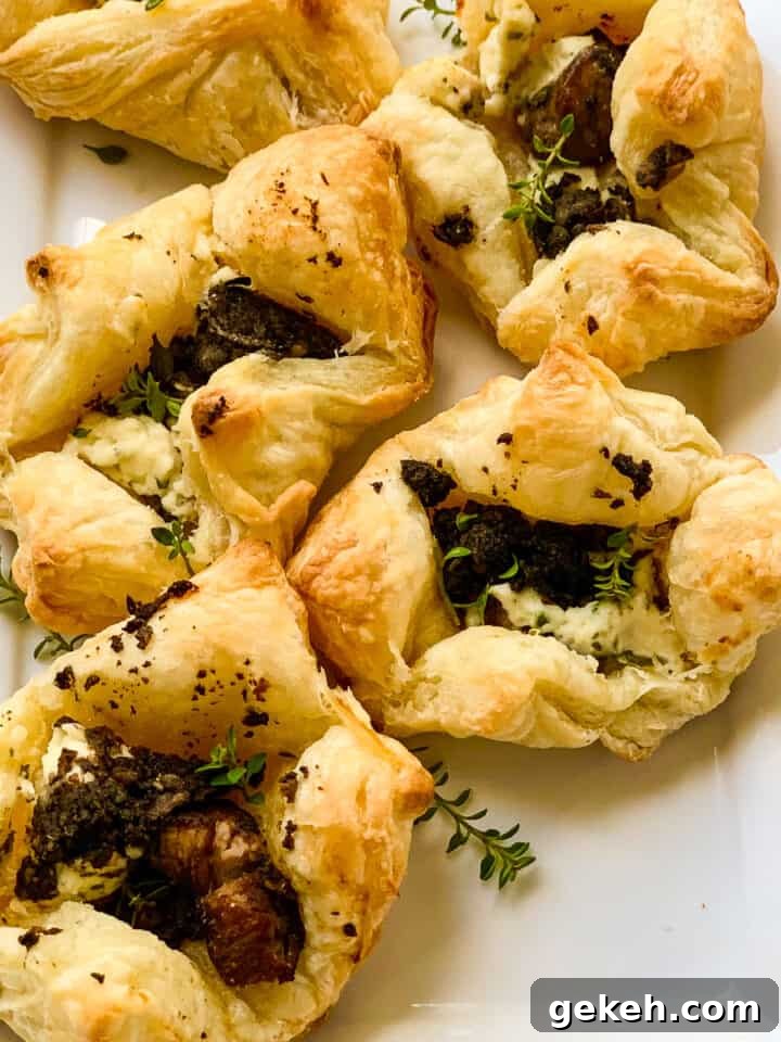 Five freshly baked puff pastry beef wellington appetizers on a rectangle white platter.