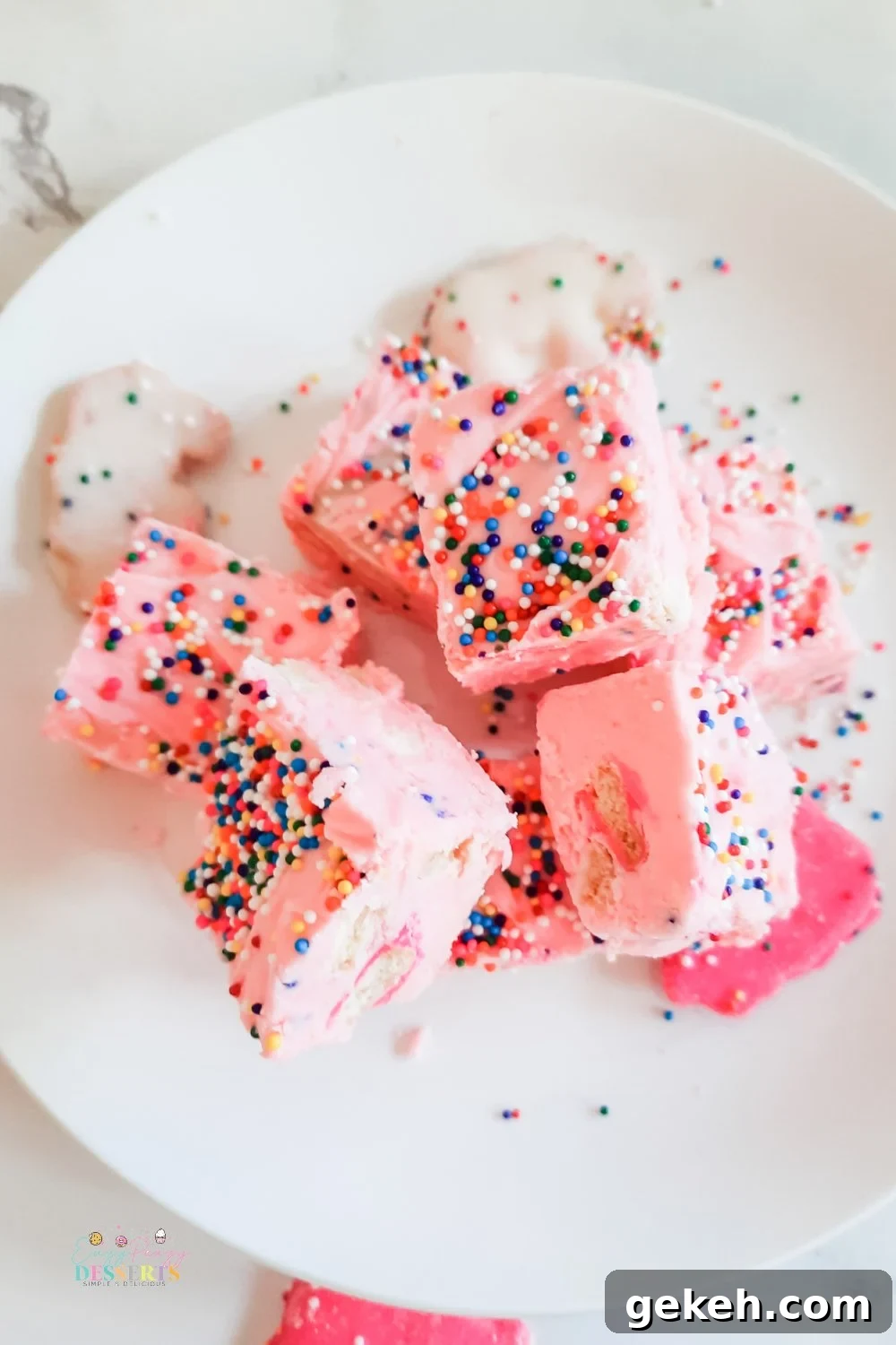 Funfetti Strawberry Fudge Recipe — Colorful No-Bake Treat 4 Over head image of strawberry chocolate fudge with sprinkles
