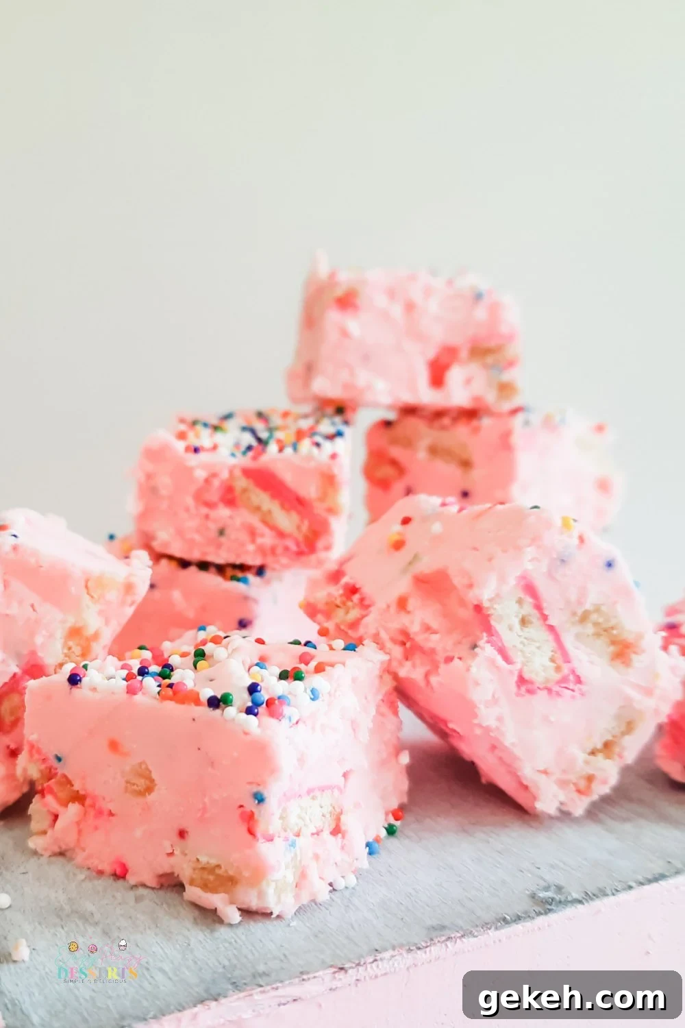 Funfetti Strawberry Fudge Recipe — Colorful No-Bake Treat 5 A few squares of strawberry funfetti fudge with circus cookies