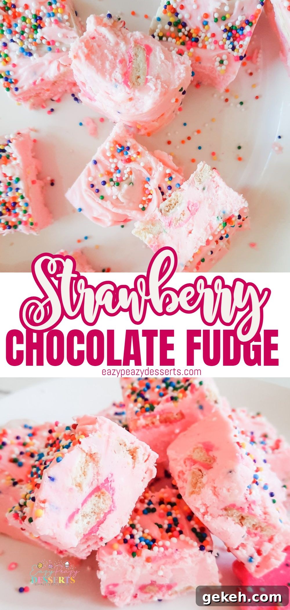 Funfetti Strawberry Fudge Recipe — Colorful No-Bake Treat 6 Photo collage of strawberry fudge with sprinkles and circus cookies