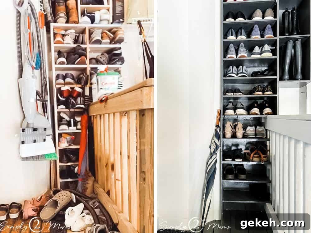 Side by side comparison of DIY shoe shelving on a wall in a garage before and after rebuilding the shelves.