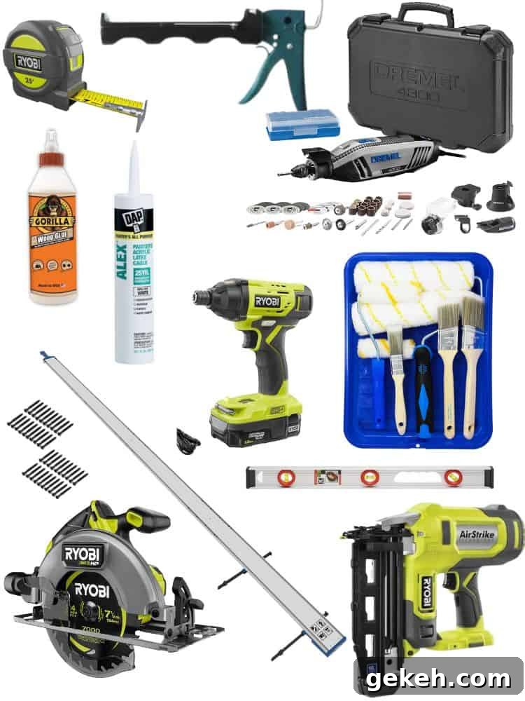 Collage of tools used to construct the shoe storage shelves in a garage.