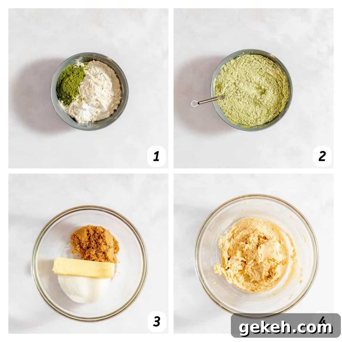 Four panel grid of process shots 1-4 - mixing together dry and wet ingredients separately.