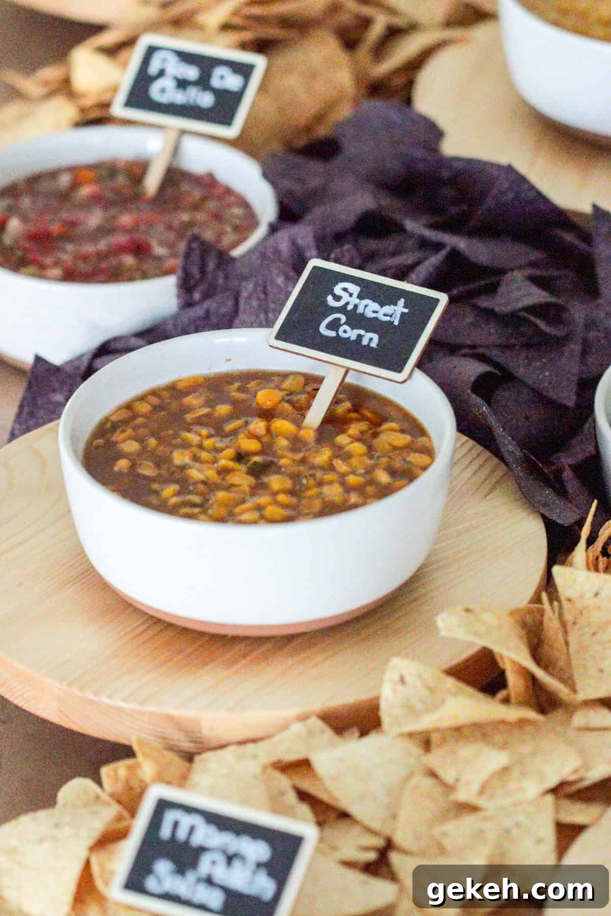 Street corn salsa on chips and salsa bar.
