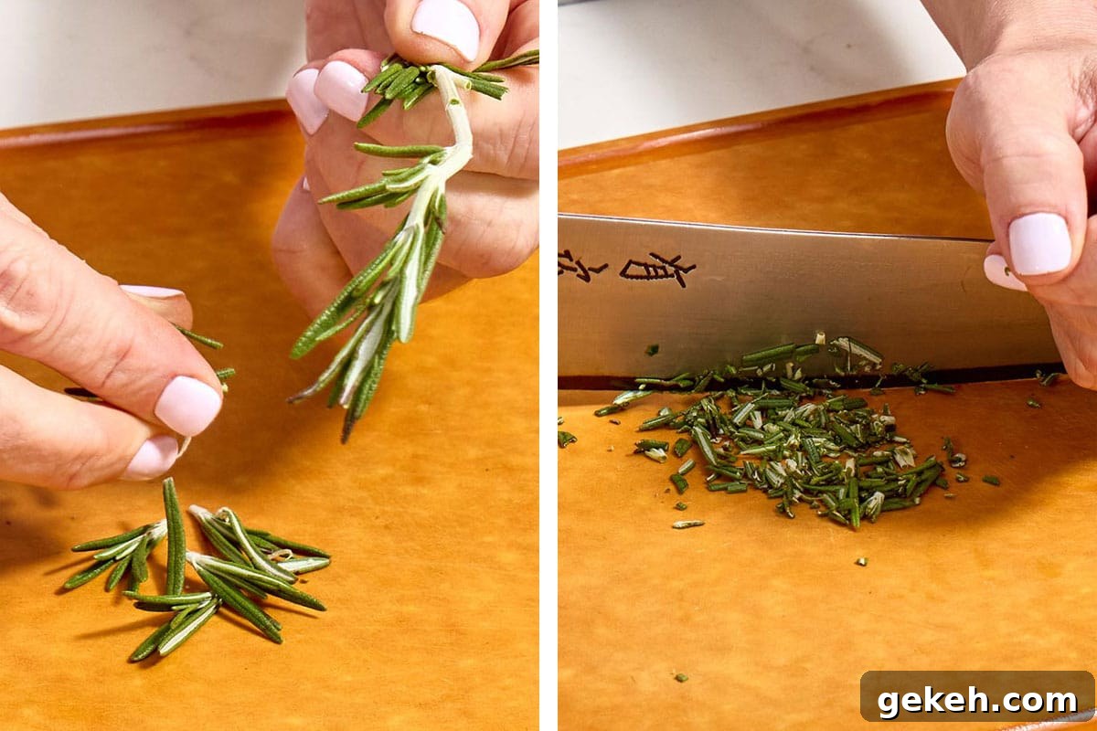 Cooking with Rosemary: Flavorful Recipes and Tips for Home Cooks 6 Removing rosemary leaves from stem and mincing with knife.
