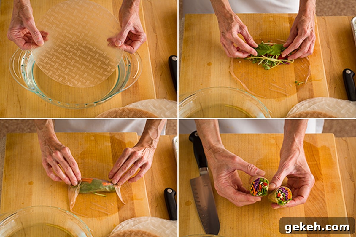 Step-by-step photos of how to make spring rolls with rice paper and raw vegetable filing.