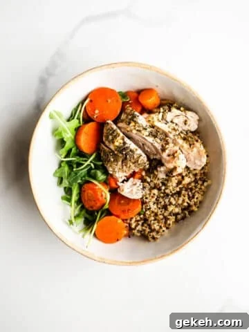 Chicken and quinoa in a bowl.