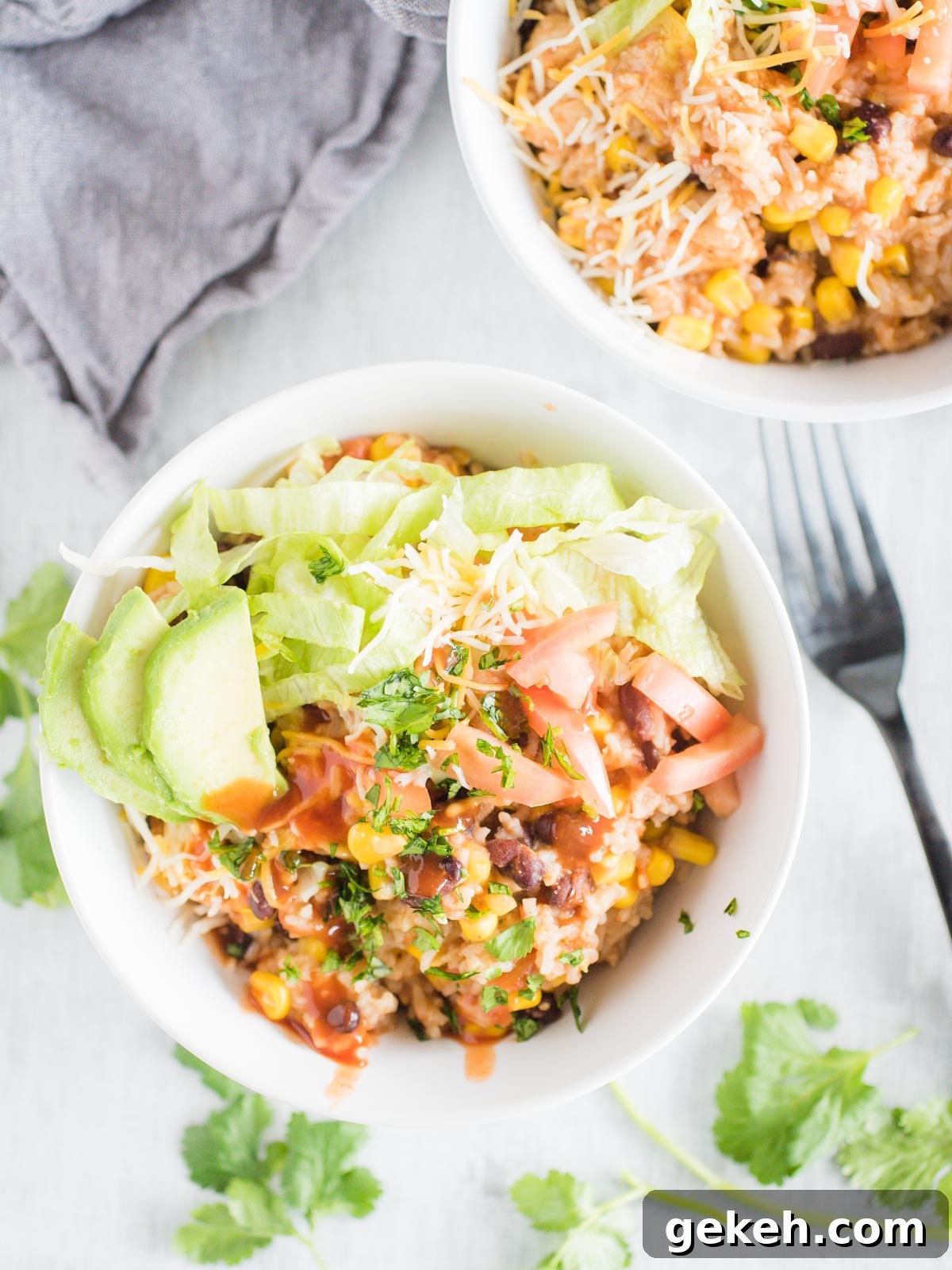 bowl of instant pot chicken burrito bowl with toppings