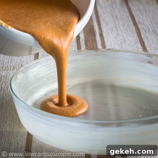 Crustless Low-Carb Pumpkin Pie; Pouring the Pumpkin Pie Mixture into the Greased Baking Dish | Low-Carb, So Simple!