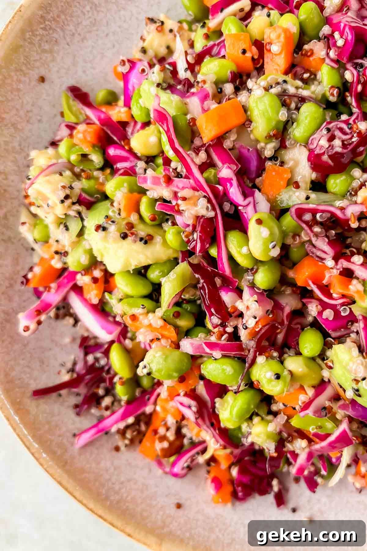 close up of quinoa edamame salad garnished with cabbage, carrots, edamame, and avocado. 