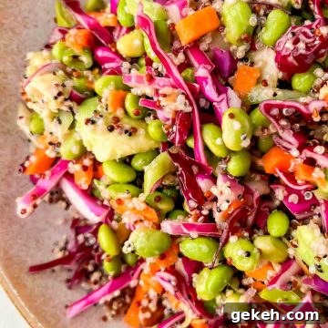 close up of quinoa edamame salad garnished with cabbage, carrots, edamame, and avocado.