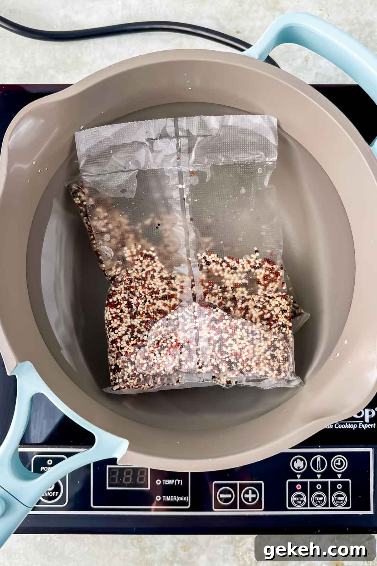Boil-in-Bag quinoa in sauce pot. 