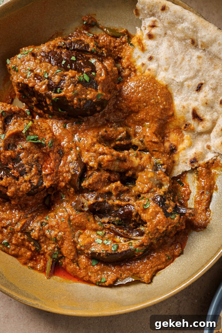 Bagara Baingan: Authentic South Indian Eggplant Curry Recipe 16 Close up of Bagare Baingan in a plate with a piece of roti garnished with minced cilantro.