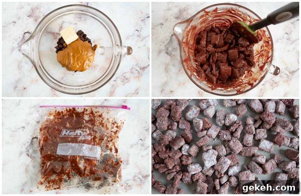 Keto Puppy Chow Recipe: Low-Carb Muddy Buddies Snack 6 keto puppy chow overhead view of final dessert process steps