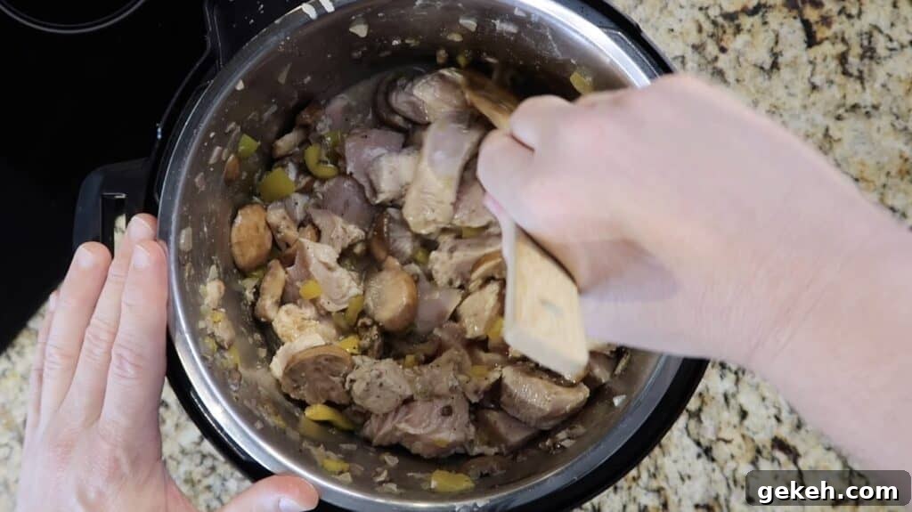 Stirring pot before pressure cooking