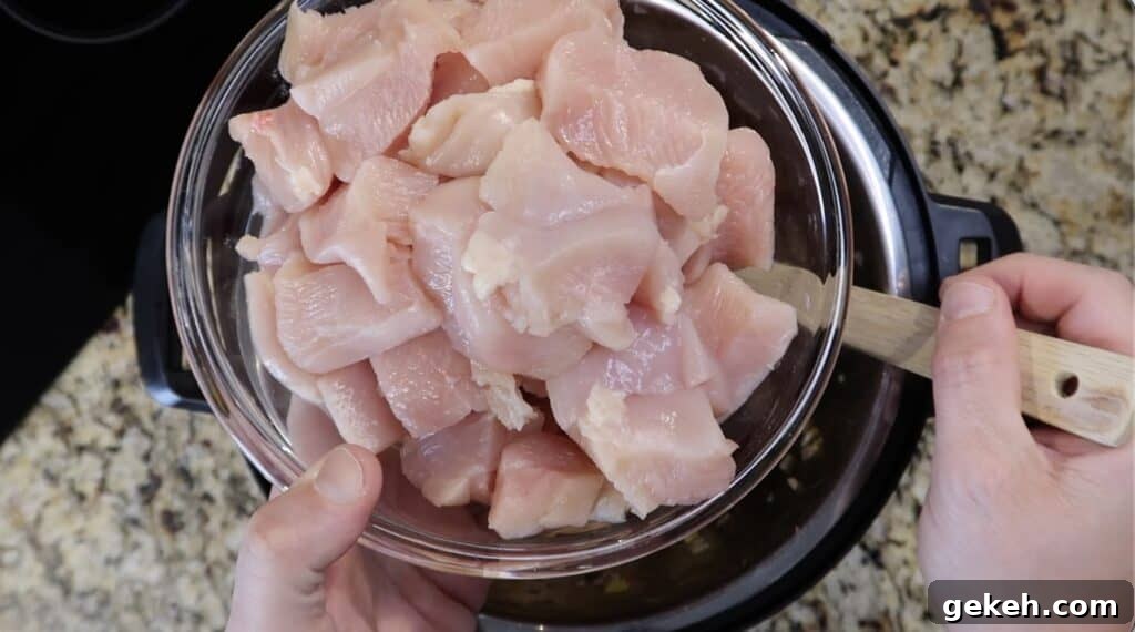 Adding chunks of raw chicken breasts to pot