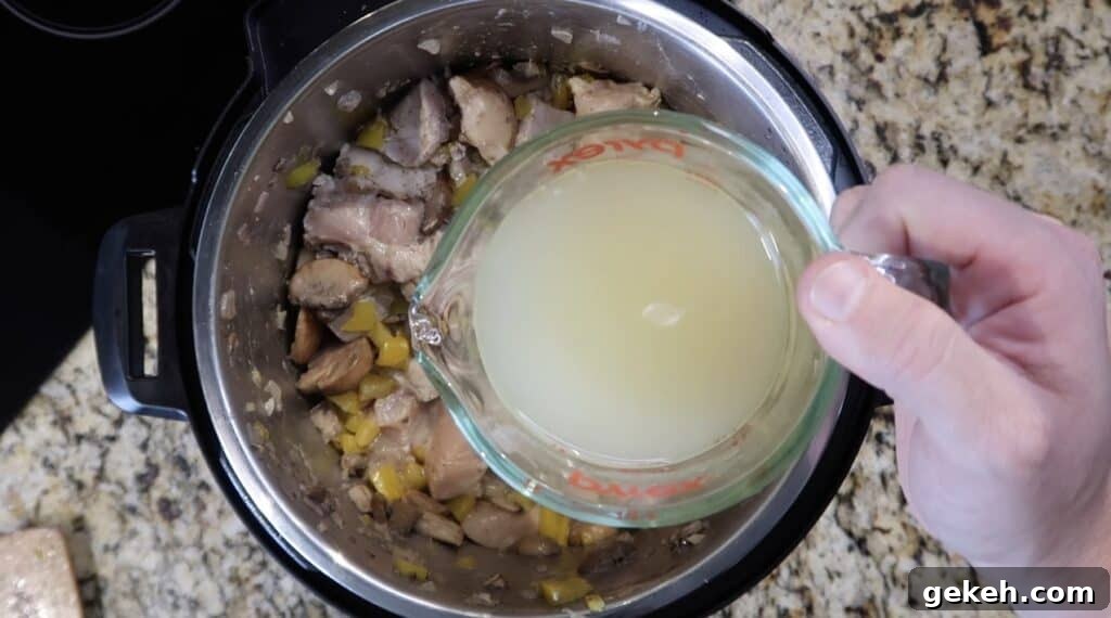 Adding chicken broth to pot