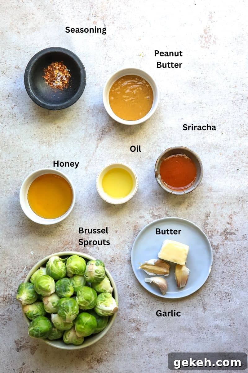 Honey Sriracha Brussels Sprouts Recipe: Sweet-Spicy Roasted Veggies 3 Small bowls with sauces and seasonings.
