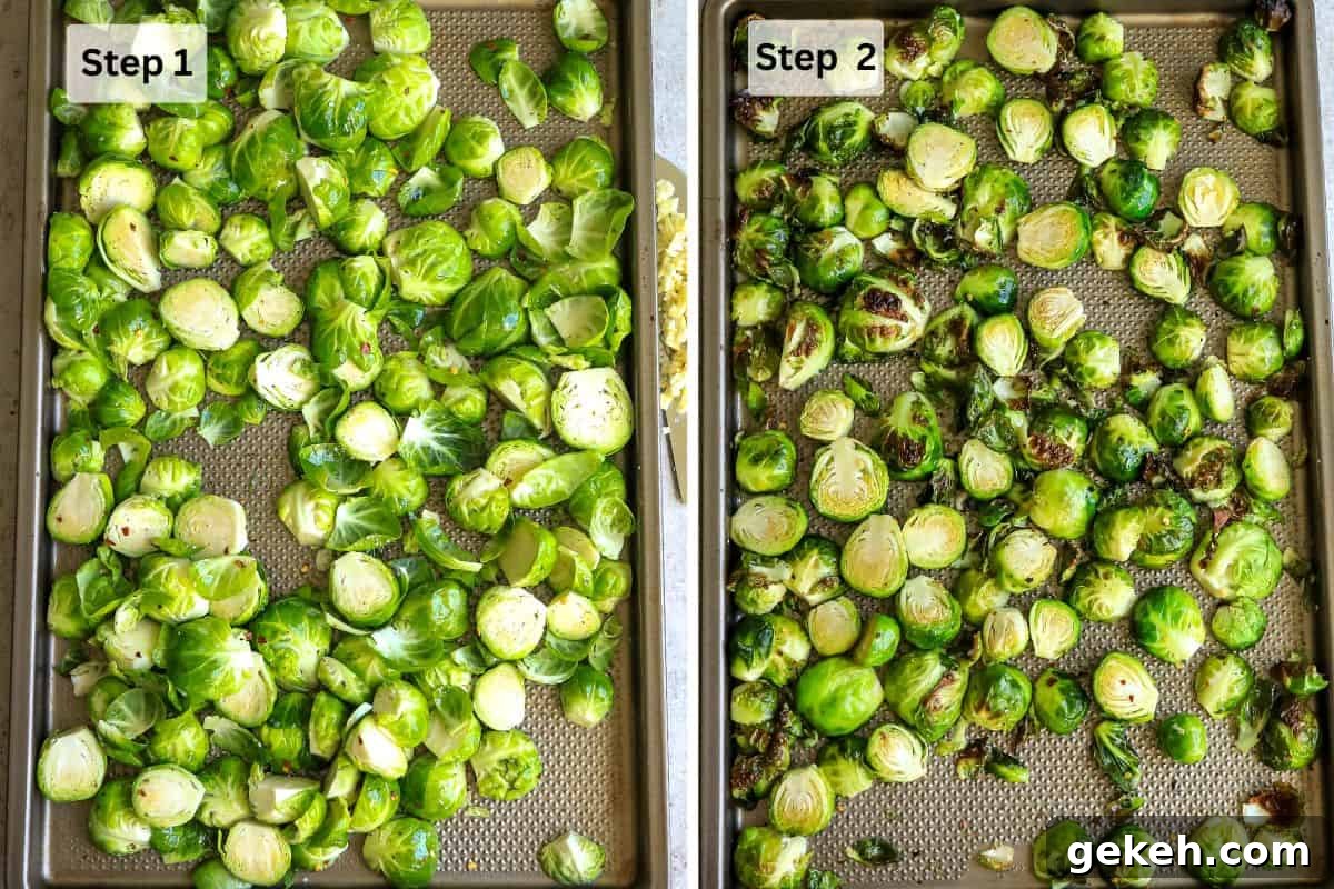 Honey Sriracha Brussels Sprouts Recipe: Sweet-Spicy Roasted Veggies 4 Brussel sprouts on a baking sheet raw and then roasted.