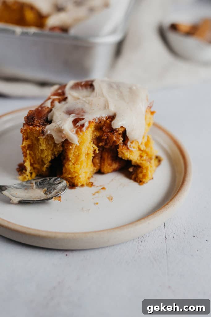 Pumpkin Cinnamon Rolls with Brown Butter Frosting Recipe 5 one cinnamon bun on a plate with frosting