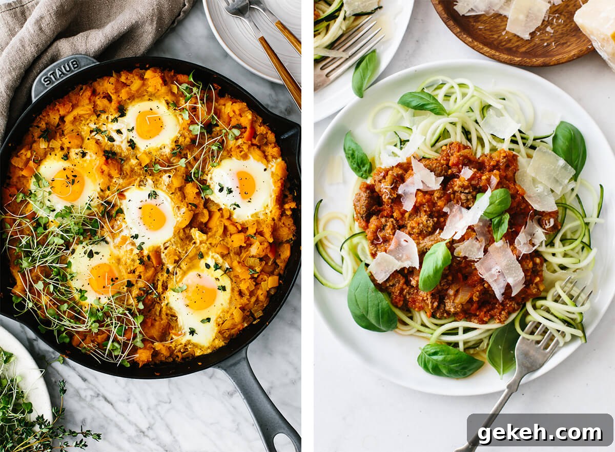 50+ Whole30 Lunch Recipes to Keep You Energized All Week 2 Whole30 shakshuka and zucchini noodle bolognese for lunch.
