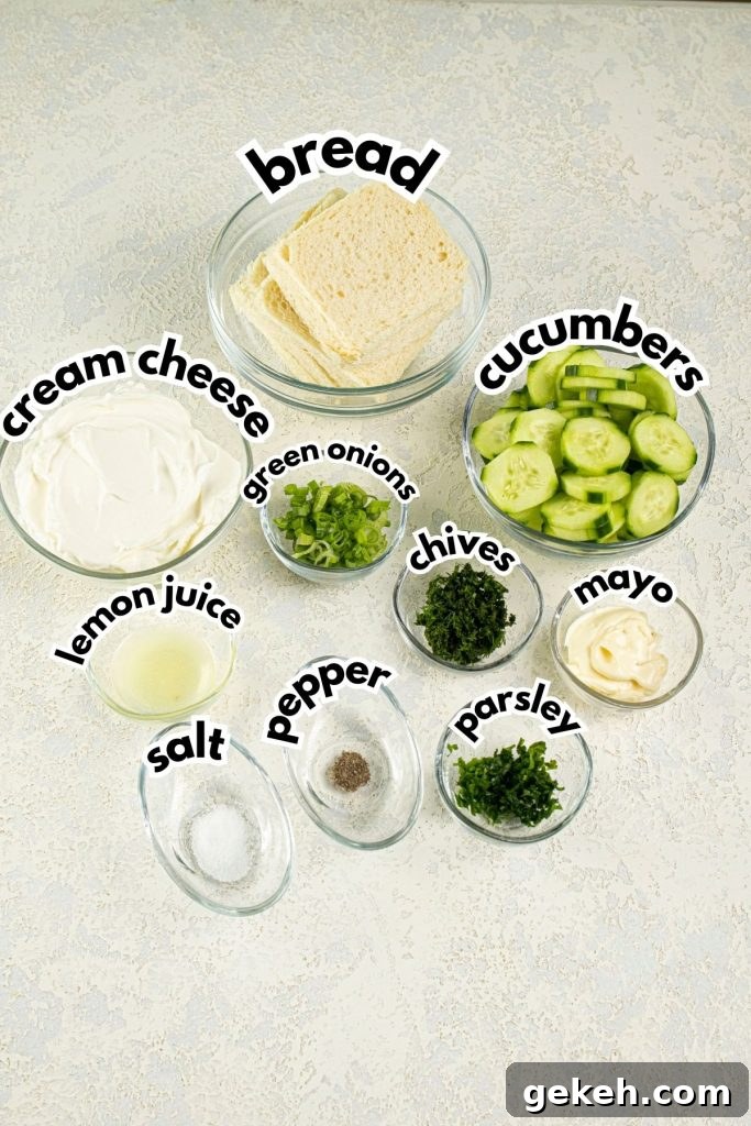 Refreshing Cucumber and Dill Tea Sandwiches for Entertaining 4 Bowls of ingredients labelled with text.