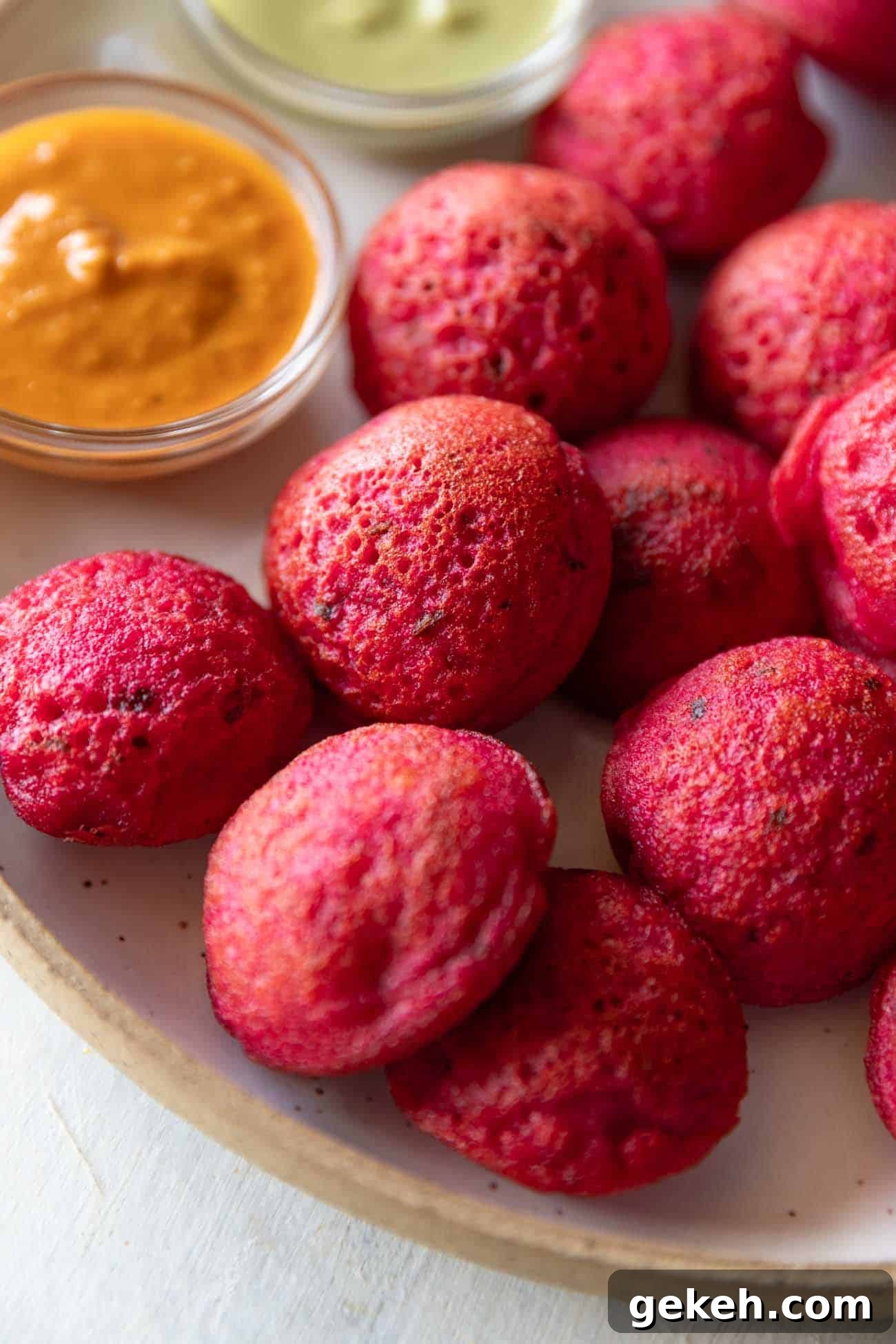 Beetroot appe served on a plate with chutney on the side