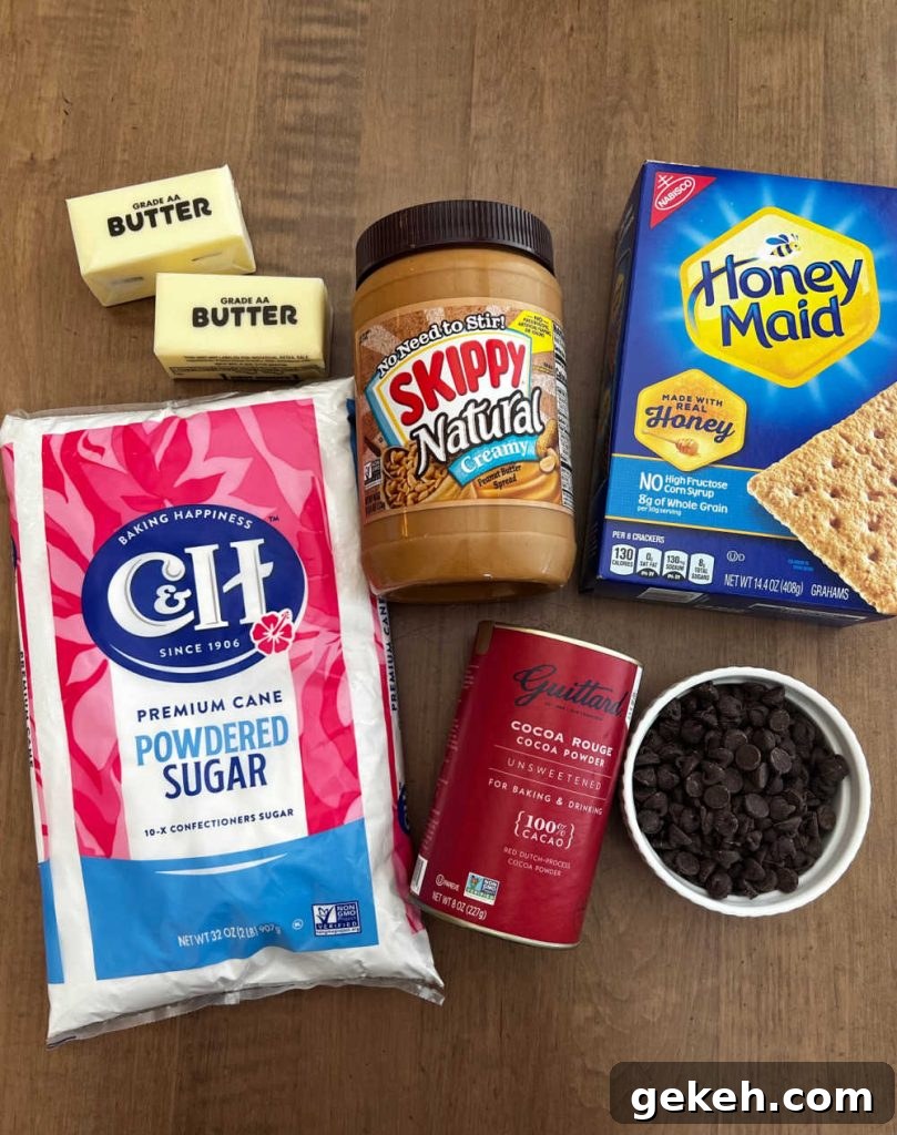 peanut butter, graham crackers, butter, chocolate chips, cocoa powder, powdered sugar.