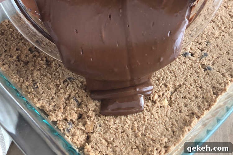 pour melted chocolate over peanut butter bars