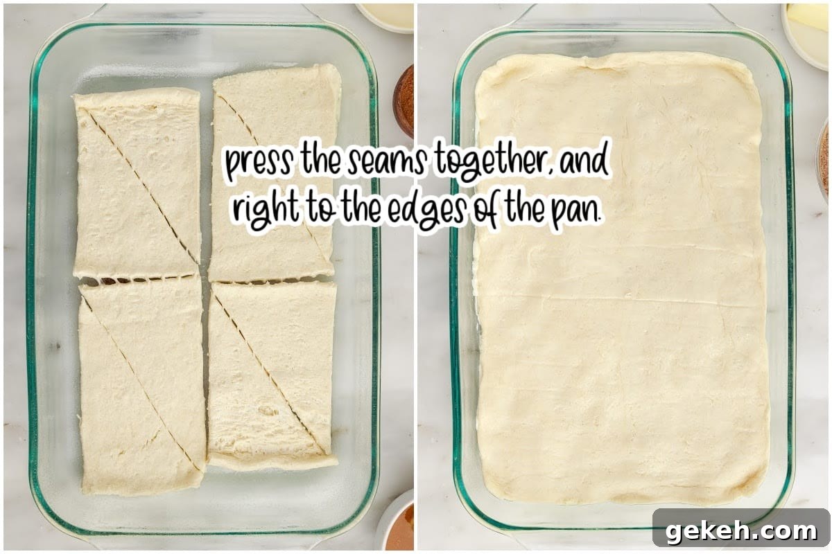 Two images of crescent rolls rolled out and then pressed together with text overlay.