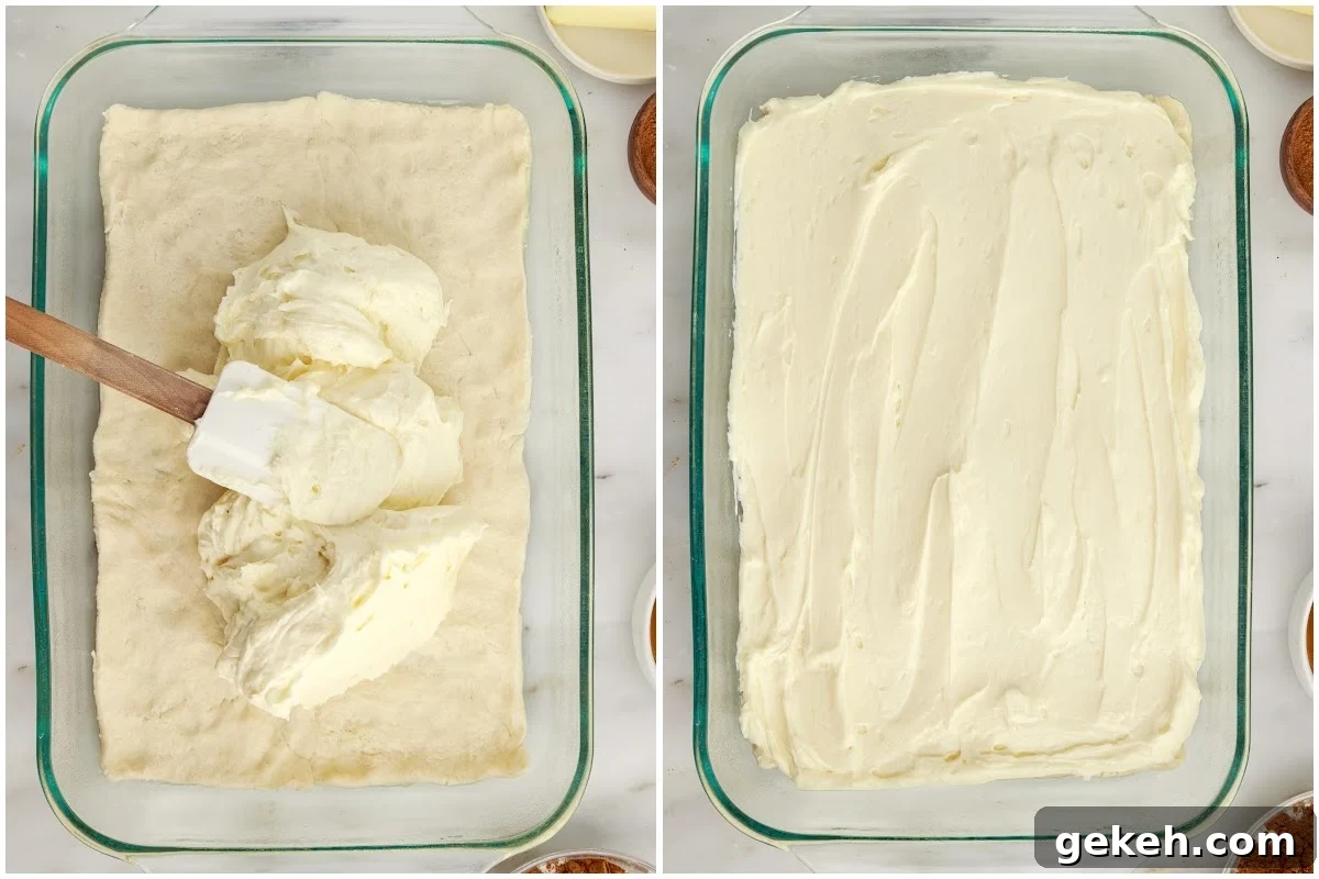 Two images of icing dolloped on crescent rolls and spread out.