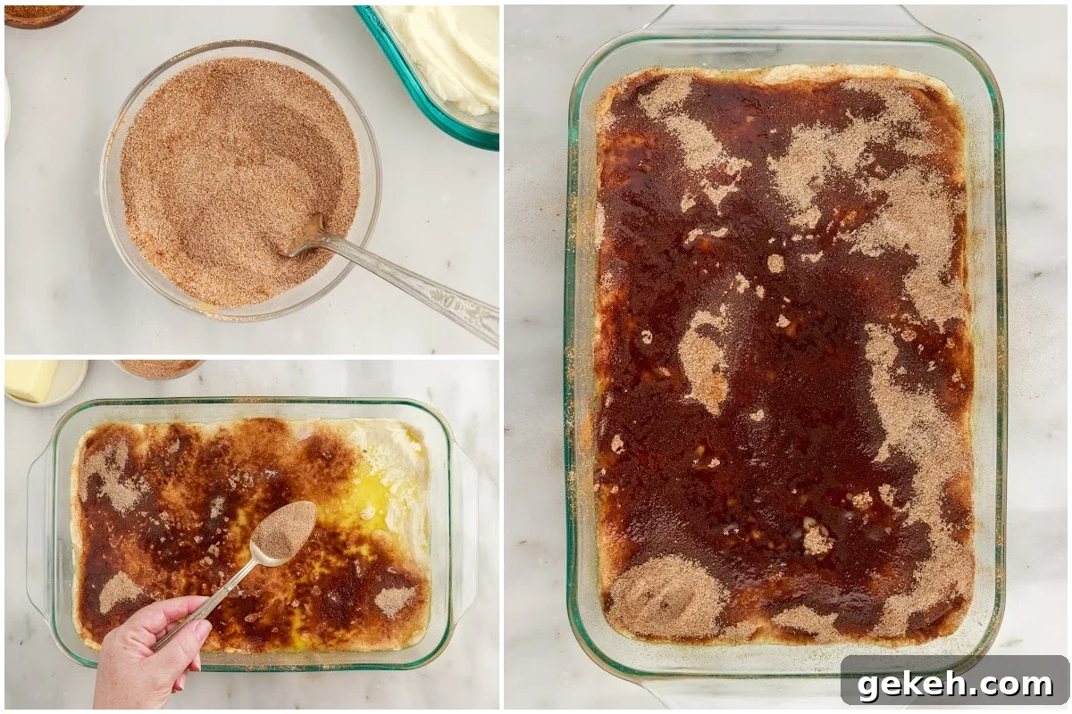 Three images of sugar and cinnamon topping being made and sprinkled on the top of the Sopapilla Cheesecake.