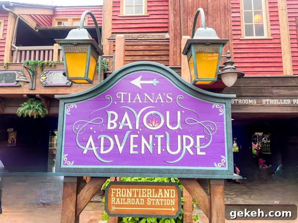Entrance sign for Tiana's Bayou Adventure.