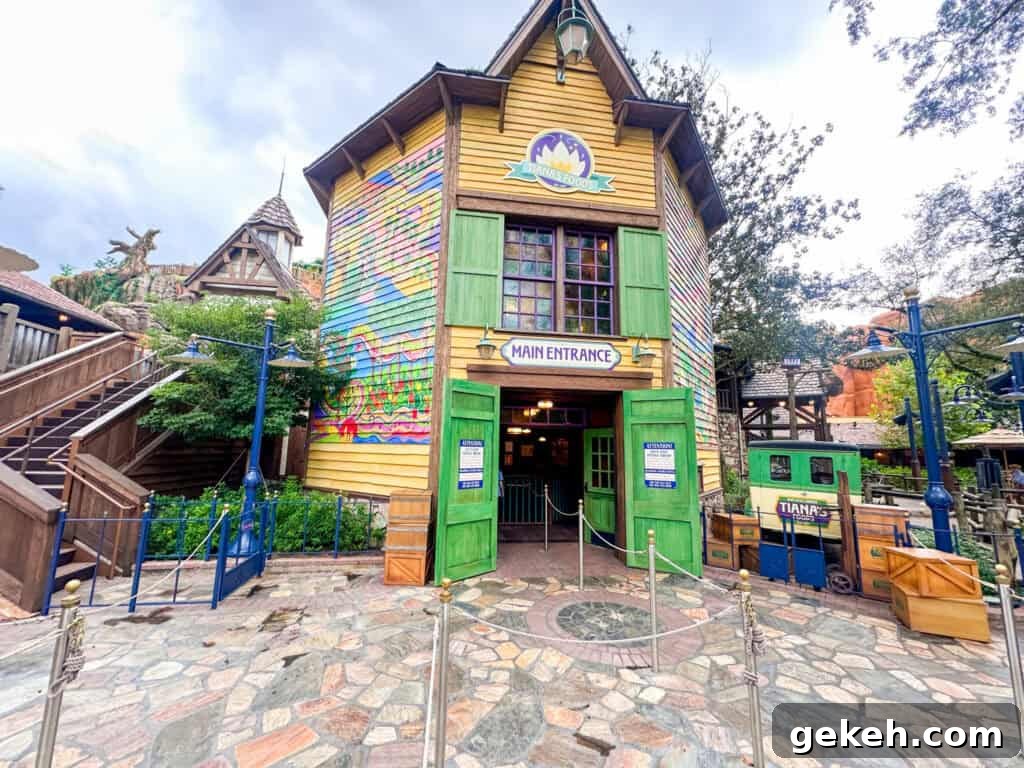 Main entrance to Tiana's Bayou Adventure.