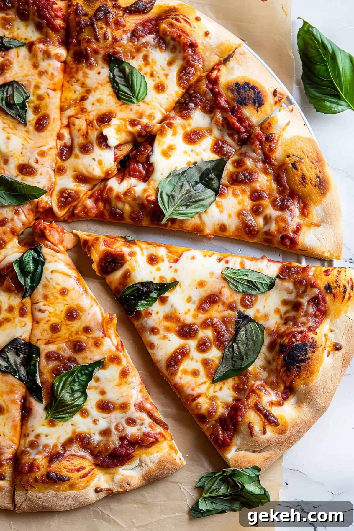Margherita pizza with basil and mozzarella on a marble table.
