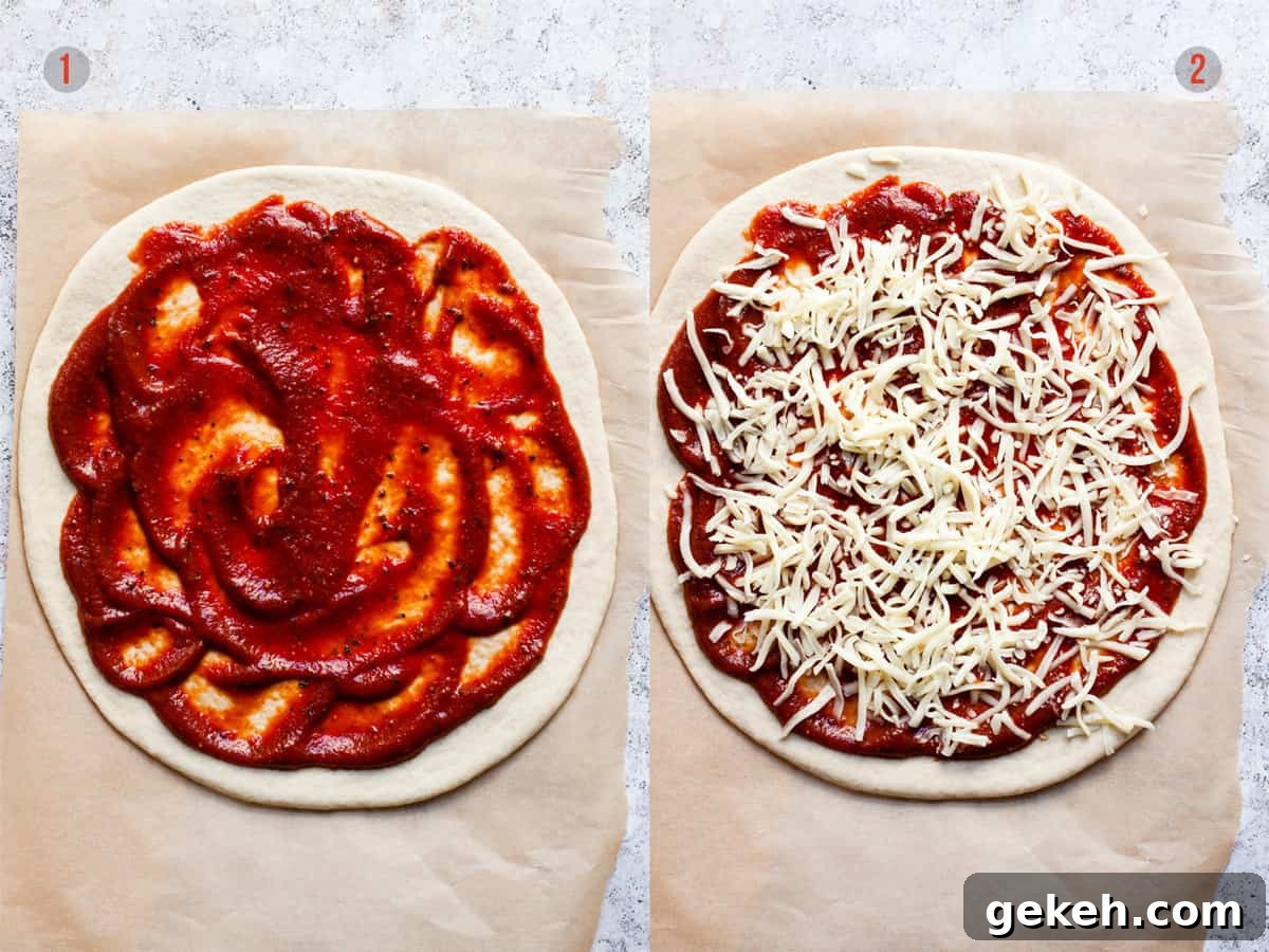 unbaked pizza dough with sauce and sauce and with cheese