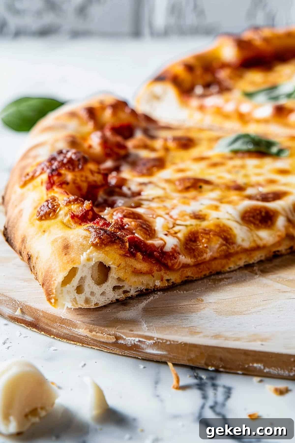 Margherita pizza with basil and mozzarella on a marble table.