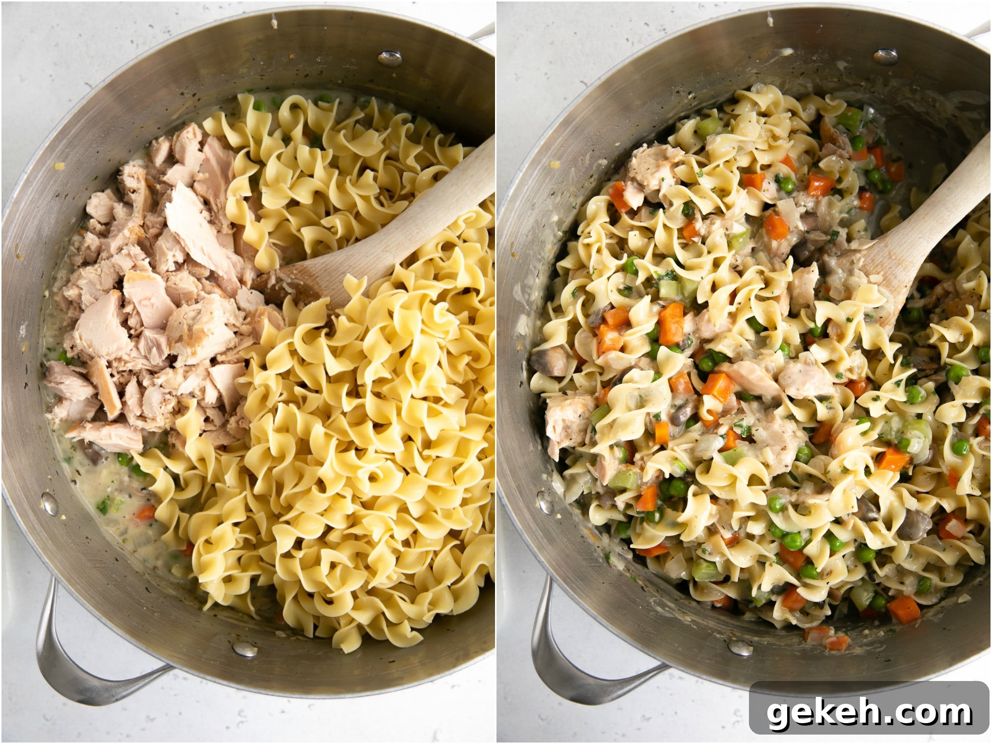 Classic Tuna Noodle Casserole Recipe for Comforting Weeknight Meals 7 Combining the noodles and tuna with the homemade sauce.