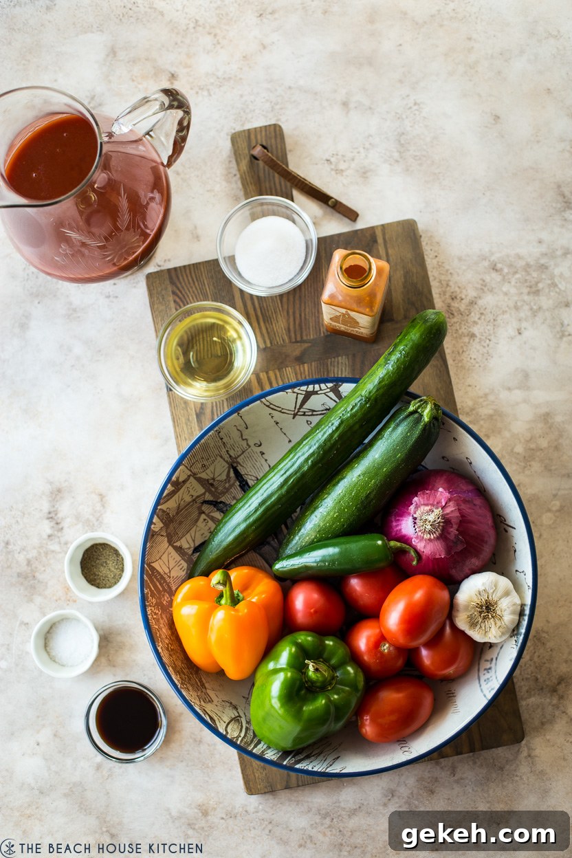 Authentic Spanish Gazpacho Recipe: Refreshing Cold Tomato Soup 5 Overhead photo of a bowl of vegetables