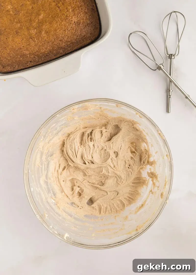 Moist Pumpkin Sheet Cake Recipe with Cream Cheese Frosting 18 Powdered sugar, cinnamon, butter, cream cheese and vanilla whisked together.