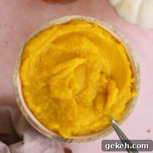 A bowl of homemade pumpkin puree.