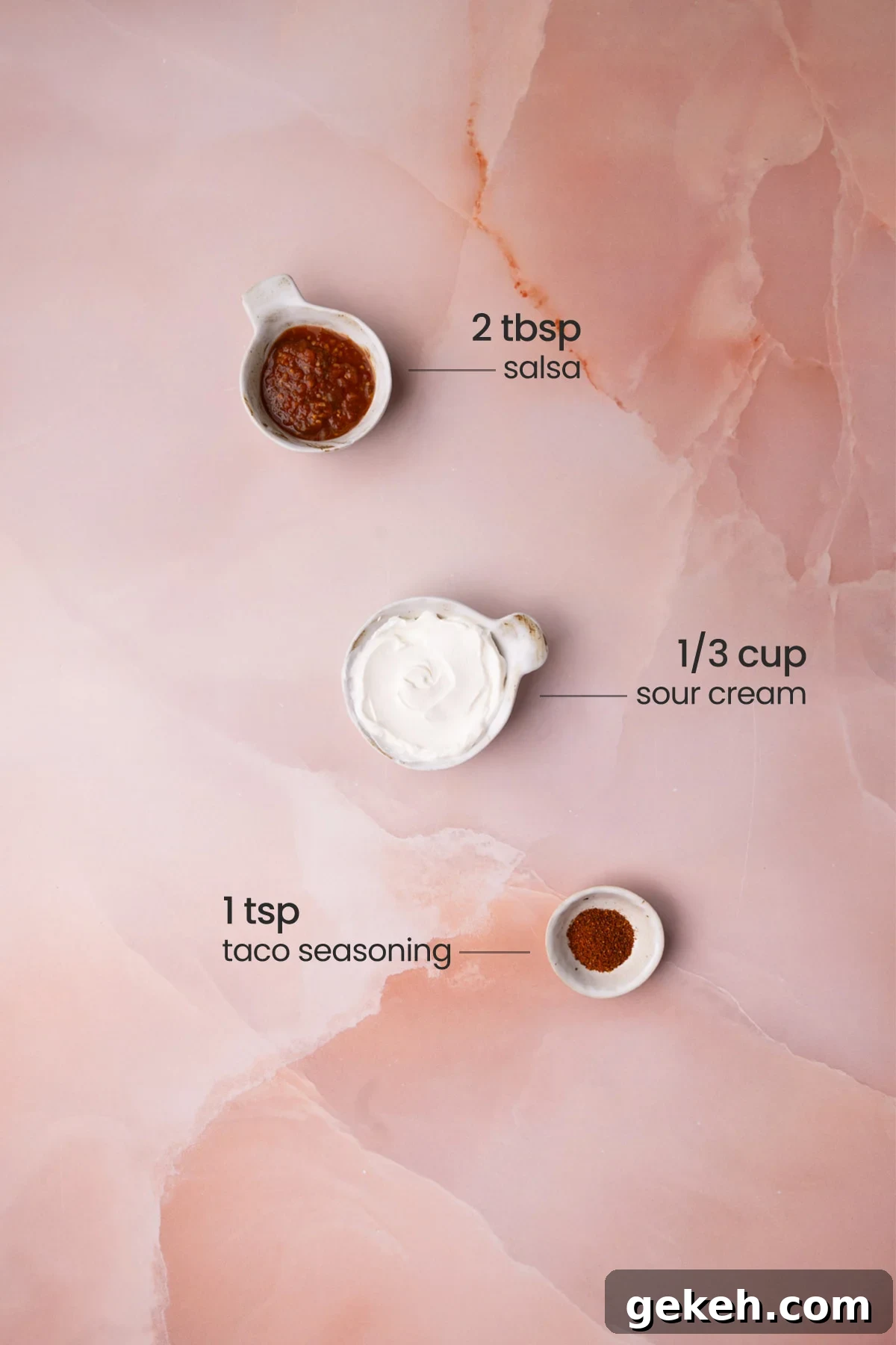 Creamy 3-Ingredient Quesadilla Sauce Recipe 3 All the ingredients you need to make quesadilla sauce including sour cream, salsa, and taco seasoning.
