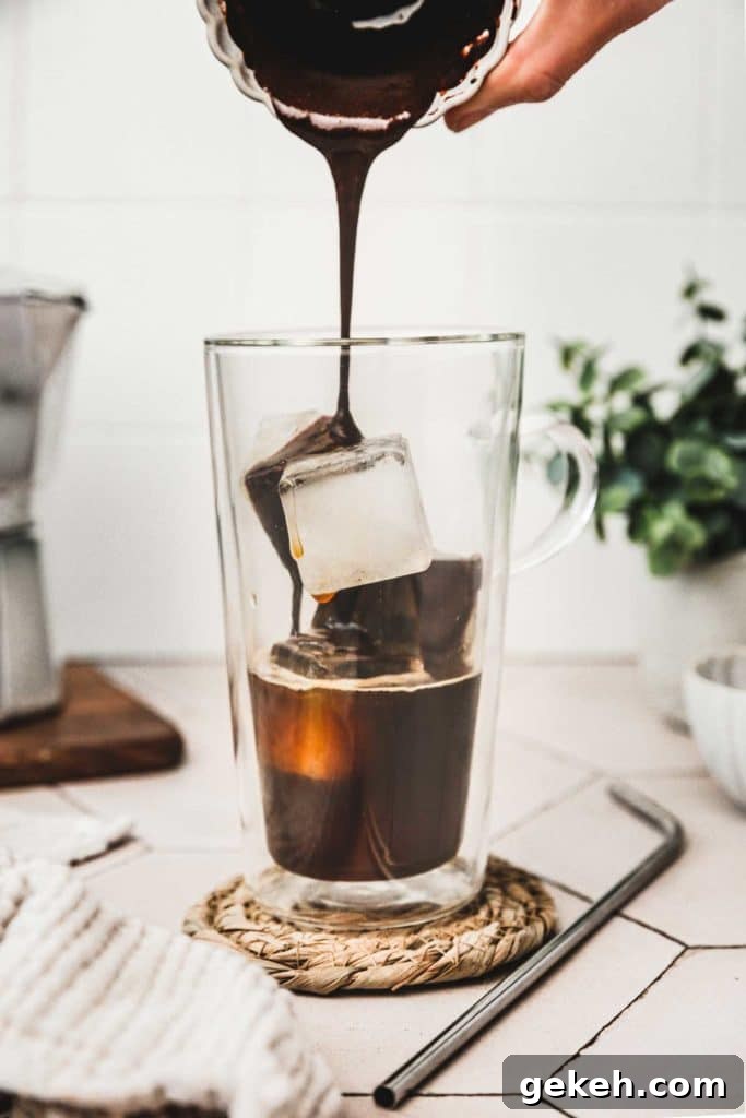 Iced Mocha Latte Recipe: Creamy Chocolate-Coffee Cold Brew 5 tall glass with iced cubes and a chocolate sauce