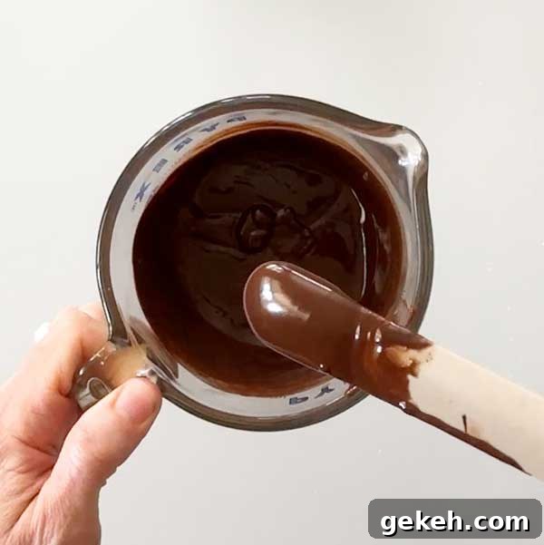 Stirring the melted chocolate chips and coconut oil with a spatula.