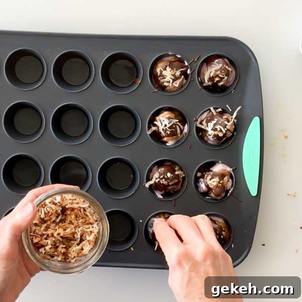 Sprinkling toasted coconut on top of the melted chocolate.