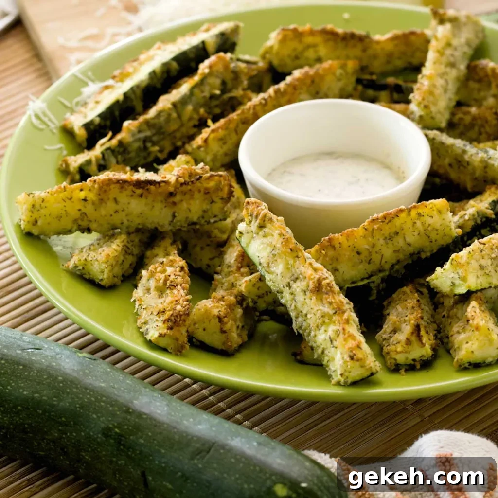 A green plate with parmesan-crusted zucchini fries and a small bowl of ranch dip.