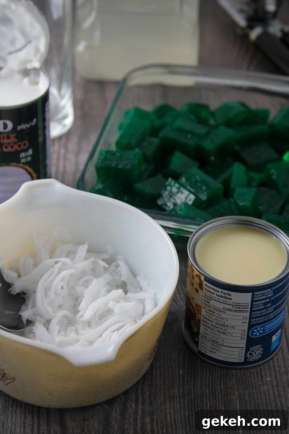 young shredded coconut, condensed milk, coconut milk, pandan gelatin