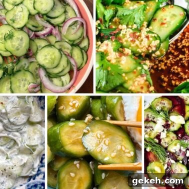 Perfectly Sautéed Summer Squash with Garlic and Herbs 11 A collage of different cucumber salad preparations featuring sliced cucumbers, herbs, and various dressings in vibrant bowls.